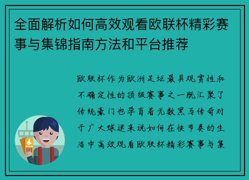 全面解析如何高效观看欧联杯精彩赛事与集锦指南方法和平台推荐